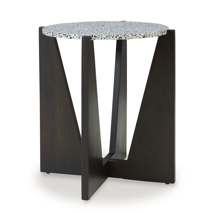 Accent Table, Round Terrazzo Tabletop, 25 Inch, Dark Brown Mango Wood - Benzara