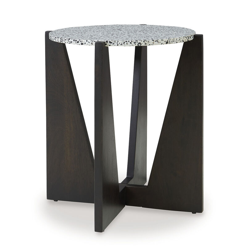 Accent Table, Round Terrazzo Tabletop, 25 Inch, Dark Brown Mango Wood - Benzara