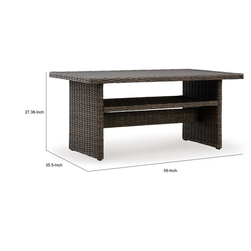 Soha 59 Inch Outdoor Multi Use Dining Table, Resin Wicker with Shelf, Brown - Benzara