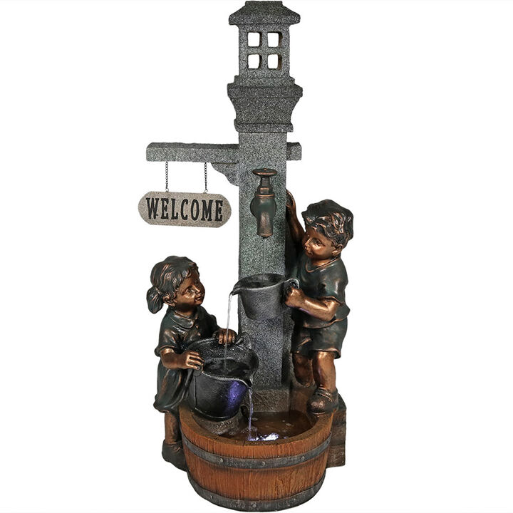 Sunnydaze Children Playing at Faucet Water Fountain with LED Lights - 40 in