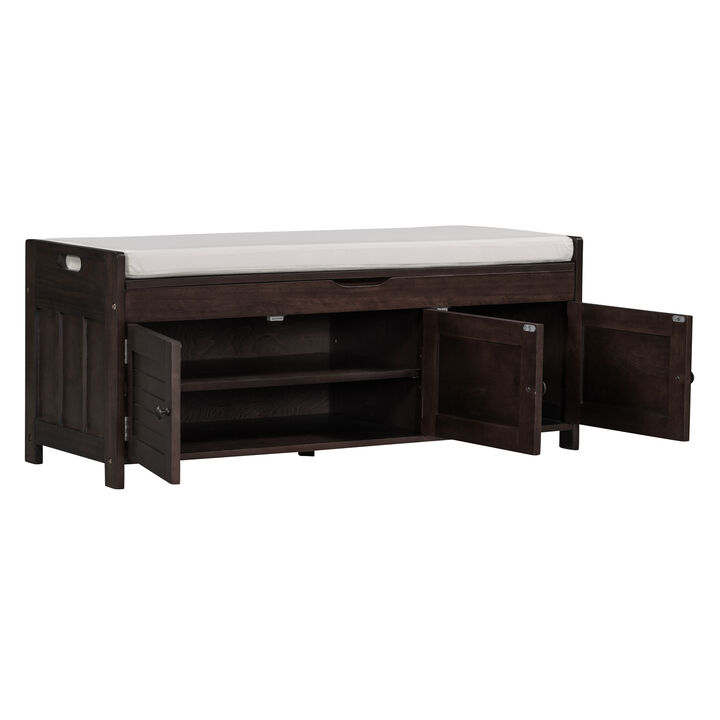 Storage Bench with 3 Shutter Doors and Removable Cushion for Entryway