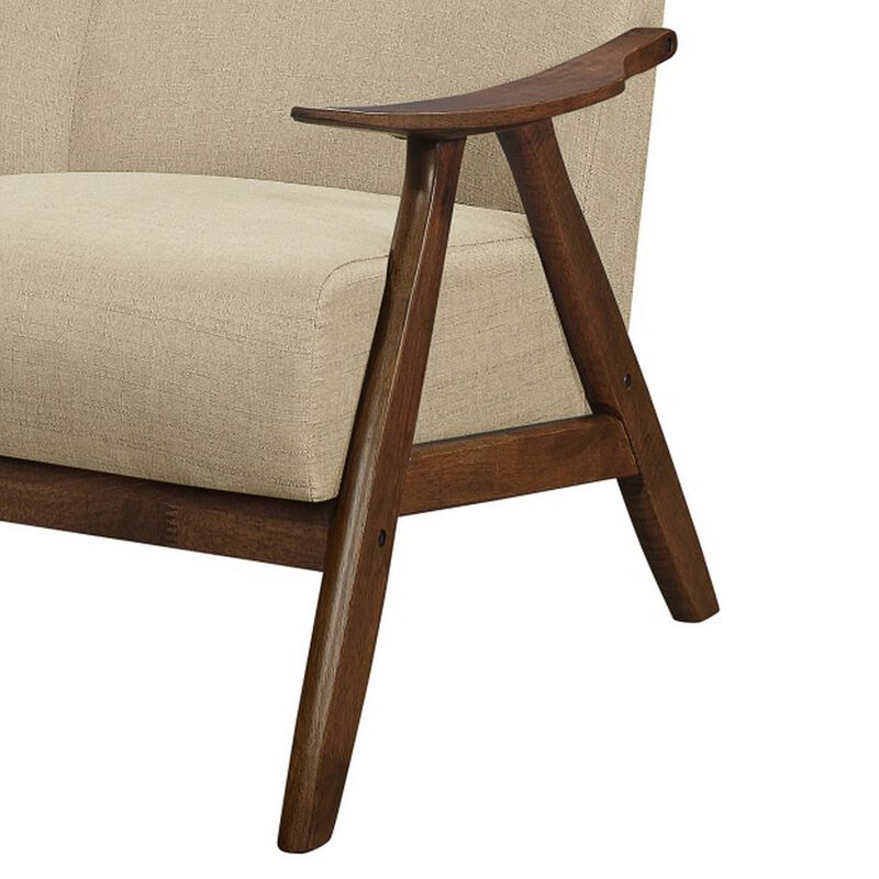 Indy 51 Inch Loveseat, Brown Rubberwood Angled Frame, Textured Beige Fabric - Benzara