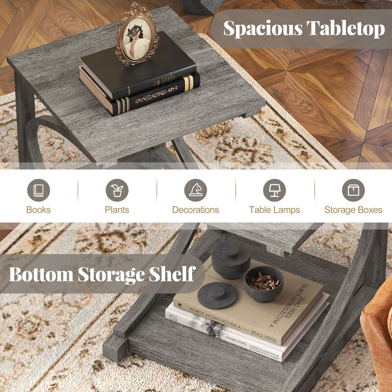 C-Shaped 2-Tier Square End Table for Sofa or Living Room