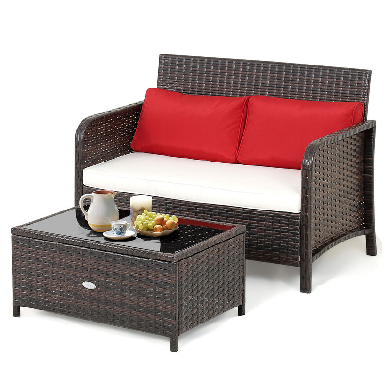 2 Pieces Wicker Loveseat Conversation Sets with Coffee Table