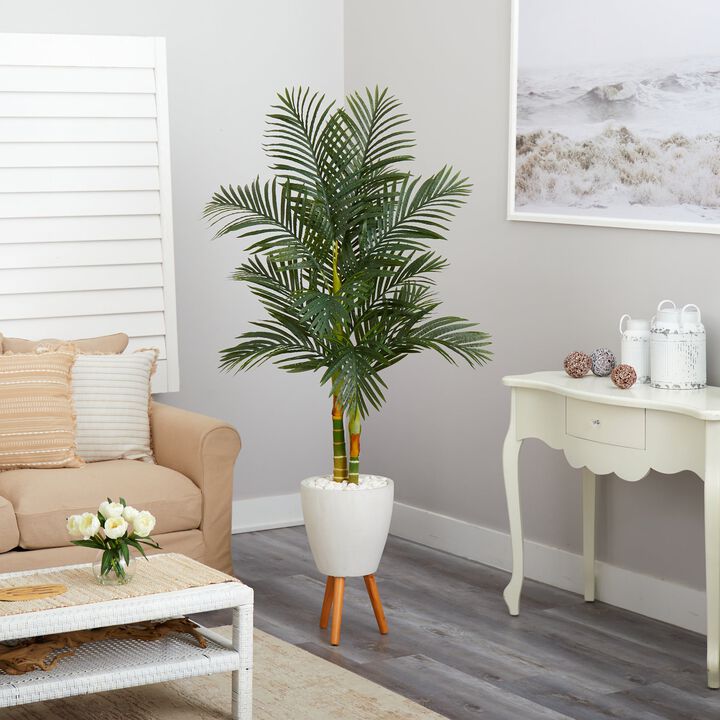 Hivvago 70 Inches Golden Cane Artificial Palm Tree in White Planter with Stand