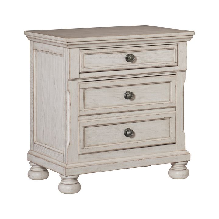Cottage 2 Drawer Nightstand with Molded Details and Bun feet, Antique White-Benzara
