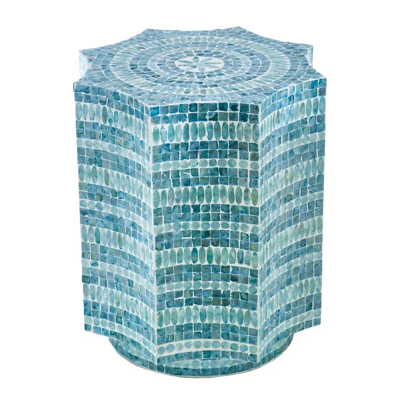 20 Inch Stool Table, Capiz Shell Inlay, Floral Geometric Design, Turquoise - Benzara