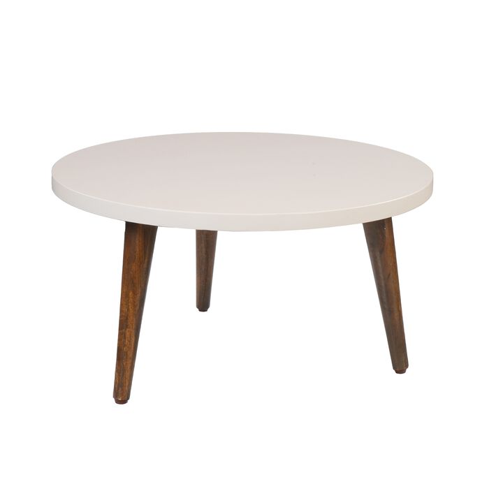 24 Inch Modern Coffee Table, Round Off White MDF Top, Tapered Brown Mango Wood Legs-Benzara