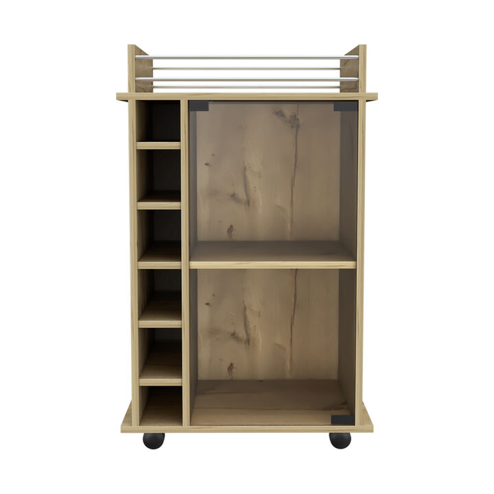 DEPOT E-SHOP Huali Bar Cart, Six Built-in Wine Rack, Glass Door, Four Casters, Two Shelves, Light Oak