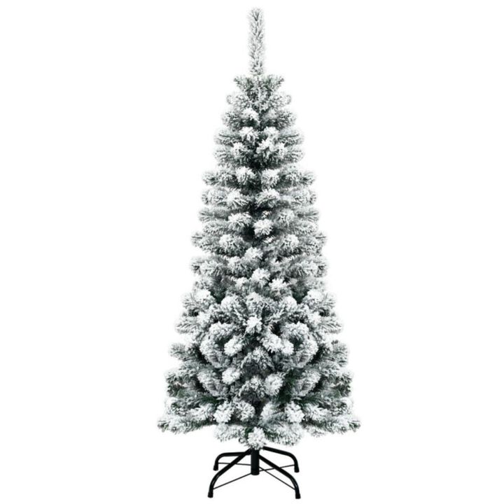Hivvago 4.5 Feet Unlit Hinged Snow Flocked Artificial Pencil Christmas Tree with 242 Branch