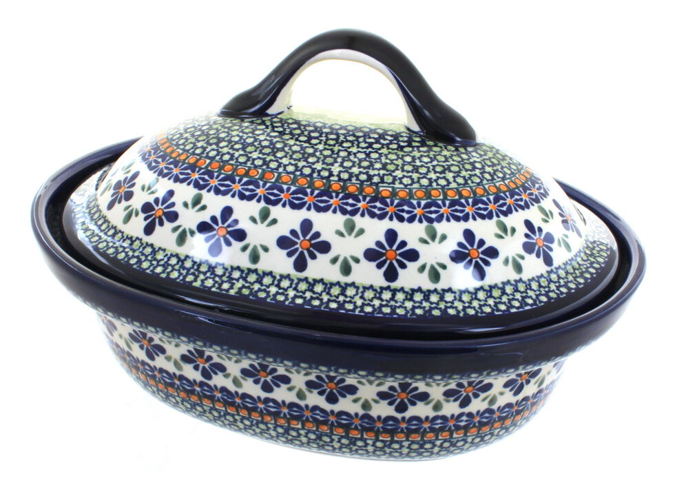 Blue Rose Polish Pottery Evergreen Roaster with Lid