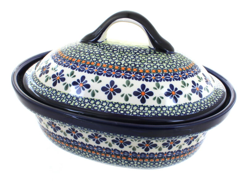 Blue Rose Polish Pottery Evergreen Roaster with Lid