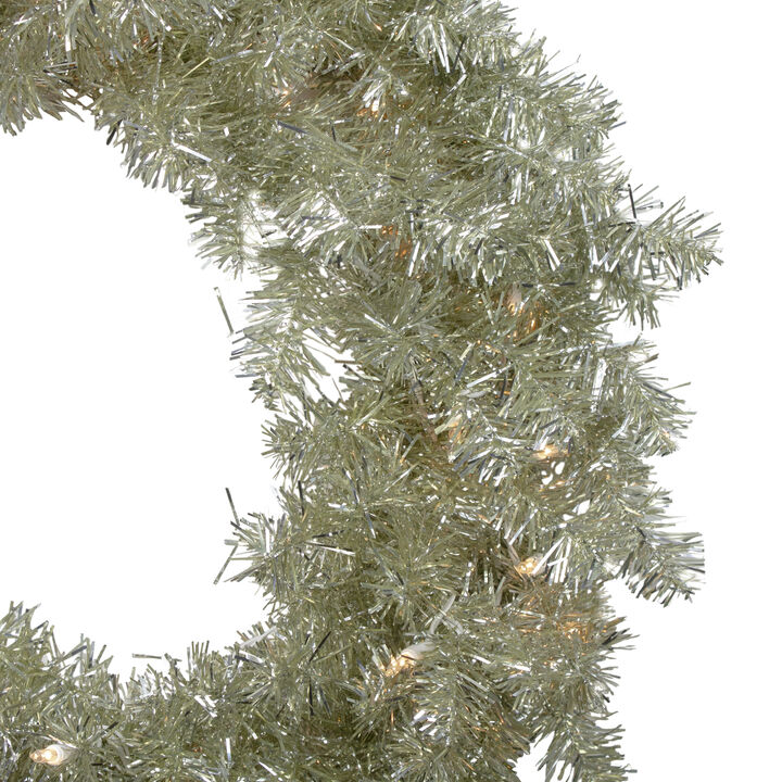 Pre-Lit Metallic Silver and Champagne Artificial Tinsel Christmas Wreath  24 inch  Clear Lights