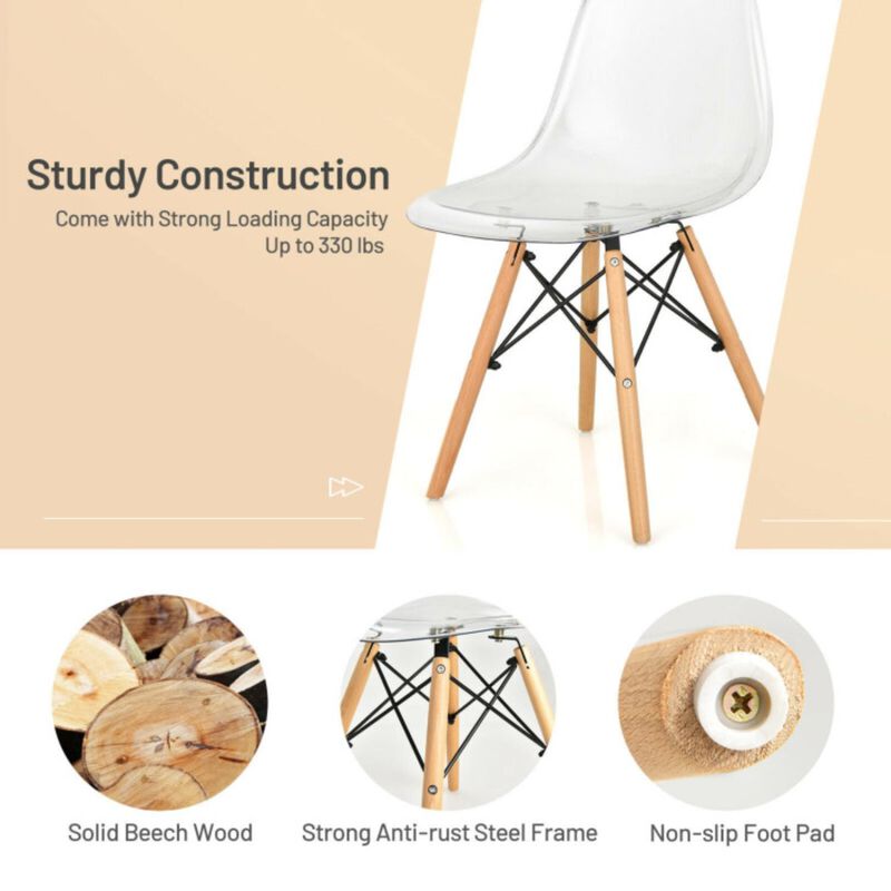Hivvago Set of 4 Dining Chairs Modern Plastic Shell Side Chair with Clear Seat and Wood Legs-Transparent