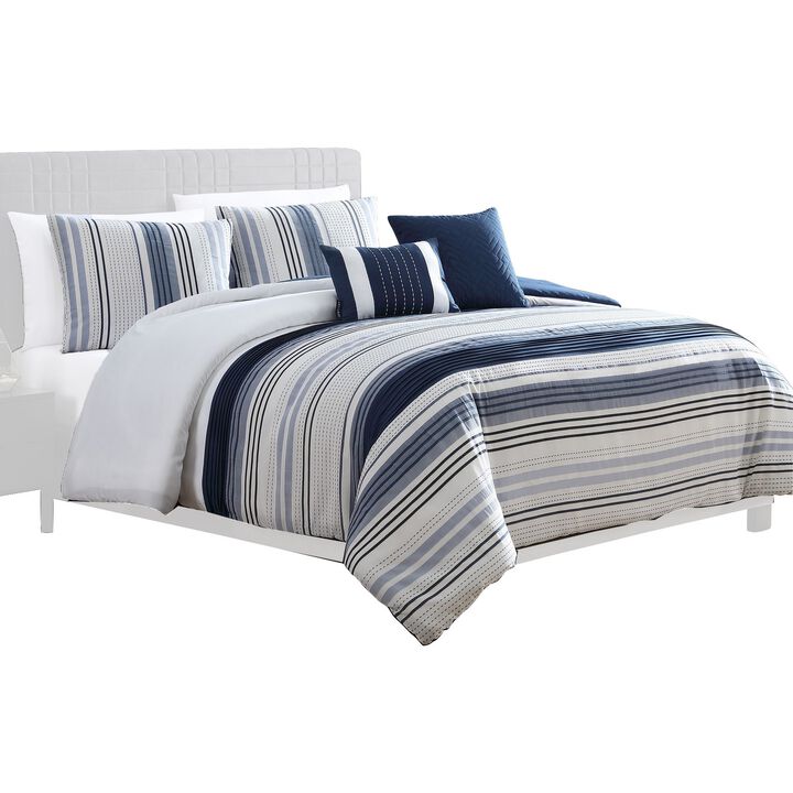 Alfa 5 Piece Queen Comforter Set, Jacquard Woven Stripes, Blue, White - Benzara