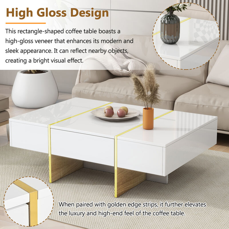 Merax Minimalist High Gloss Coffee Table with 2 Drawers