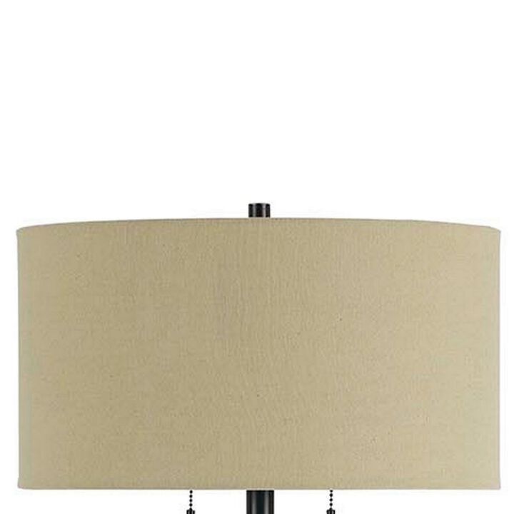 Metal Body Floor Lamp with Fabric Drum Shade and Pull Chain Switch, Black-Benzara