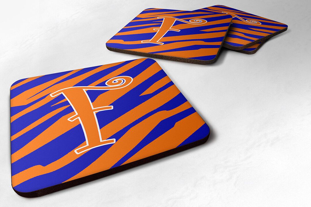 Caroline's Treasures CJ1036-FFC Monogram-Tiger Stripe Blue and Orange Foam Coasters (Set of 4), Initial Letter F, 3.5 H x 3.5 W, Multicolor