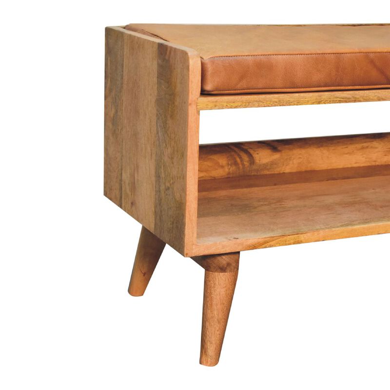 Artisan Furniture  Solid WoodOak-ish Bench with Tan Leather Seat-pad