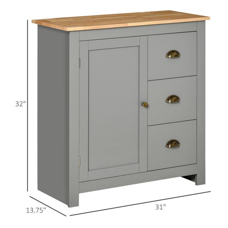 Gray Modern Buffet: Storage Cabinet with Rubberwood Top and Drawers