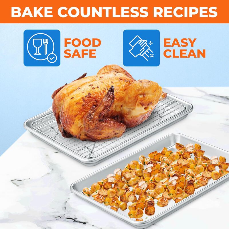 Baking Pan Set - 13" x 18" Aluminum Baking Pan with Stainless Steel Cooling Rack Set, PFOA, PFOS, PTFE Free, Recipe Booklet Included, Oven Safe Tray, Resist Heat Up To 500° F, Set of 2