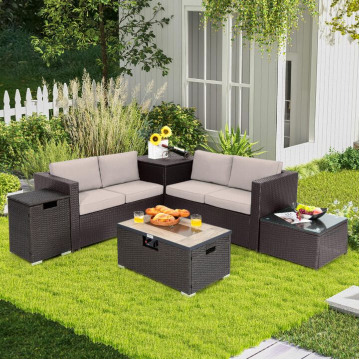 Hivvago 6 Pieces Outdoor Wicker Furniture Set with 32 Inch Propane Fire Pit Table