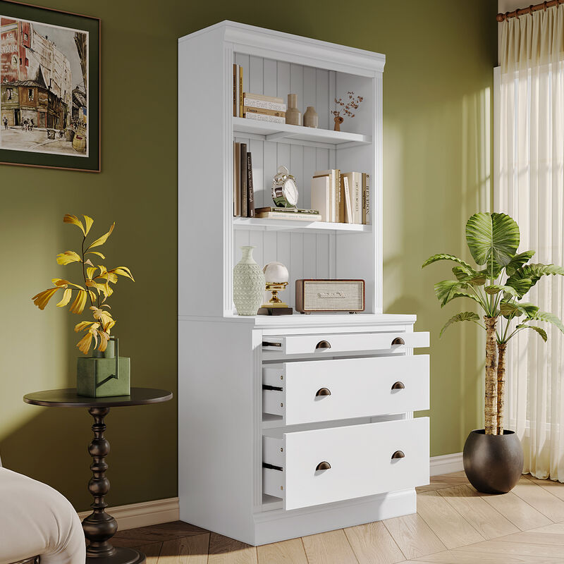 Merax 83.4"Tall Bookshelf Suite,Modern Bookcase Suite with LED Lighting, Drawers and Open Shelves,2-Piece Set Storage Bookshelf for Living Room,Home Office