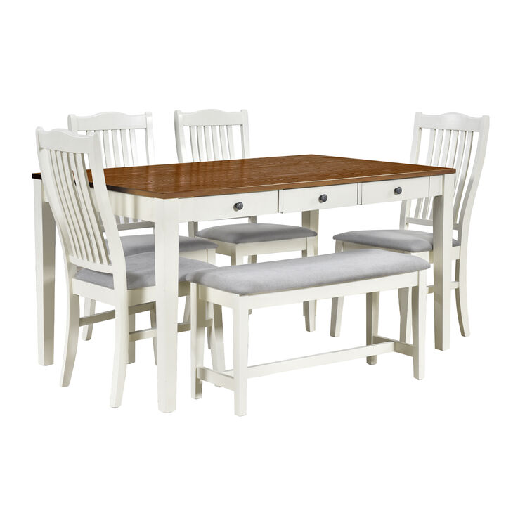 Mid-Century 6-Piece Wood Dining Table Set, Kitchen Table Set With Drawer, Upholstered Chairs