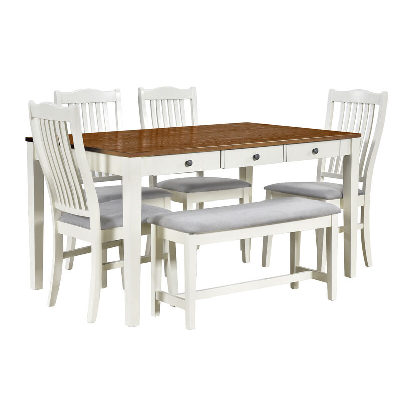 Mid-Century 6-Piece Wood Dining Table Set, Kitchen Table Set With Drawer, Upholstered Chairs