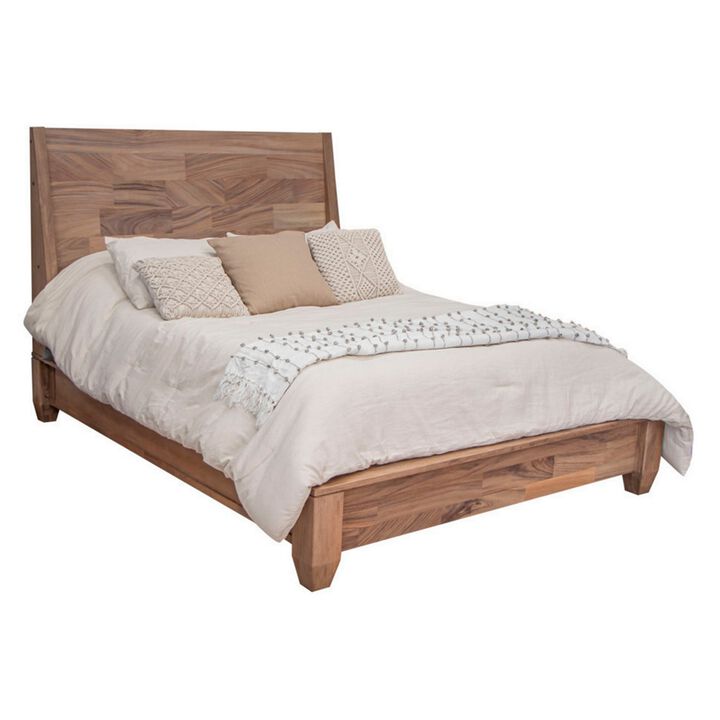 Neuv Queen Size Bed, Mango and Parota Wood, Grain Details, Rustic Brown - Benzara