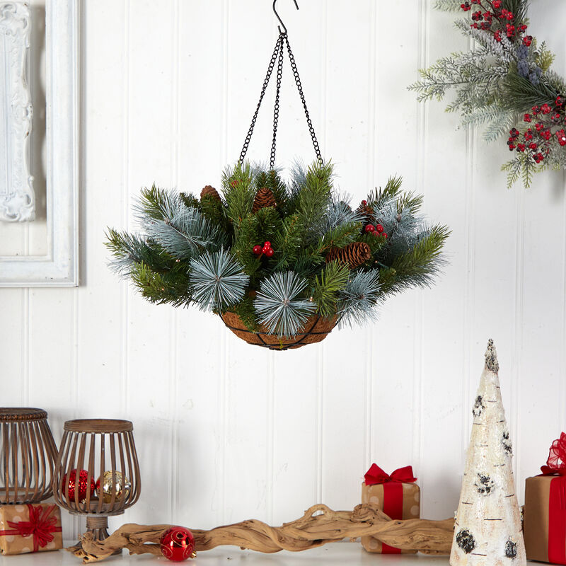 Hivvago 24" Holiday Pre-Lit (30 LED Lights) Pine and Berries Artificial Christmas Hanging Basket, Indoor Outdoor Patio Porch Decor