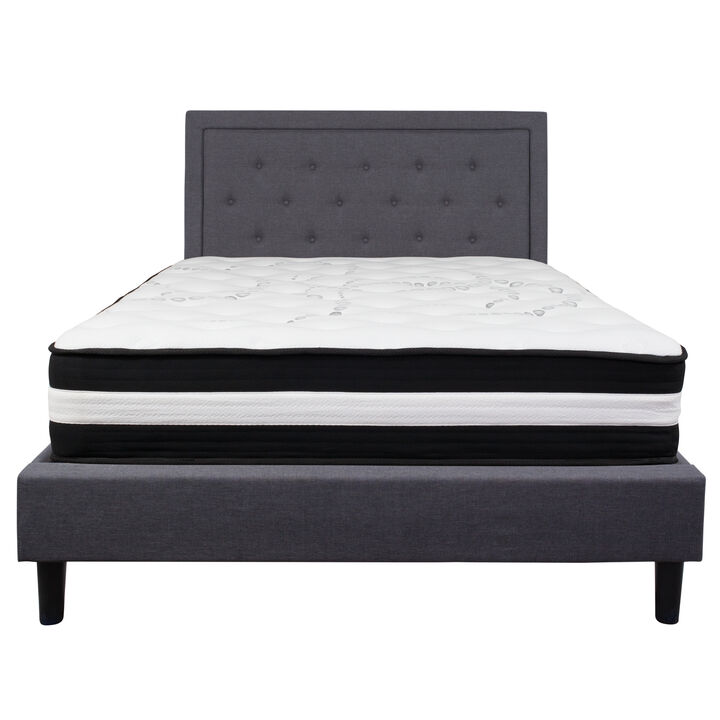 Roxbury Queen Size Tufted Upholstered Platform Bed in Dark Gray Fabric with Pocket Spring Mattress