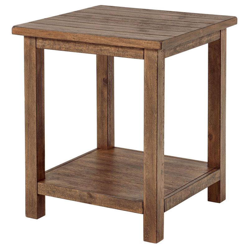 Ayne Side End Table, 1 Shelf, Distressed Brown Wood, Square 20 Inch - Benzara