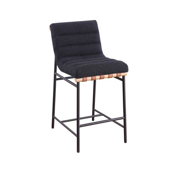 Kive 24 Inch Counter Height Stool Chair, Black Boucle Channel Tufted Seat, Steel - Benzara