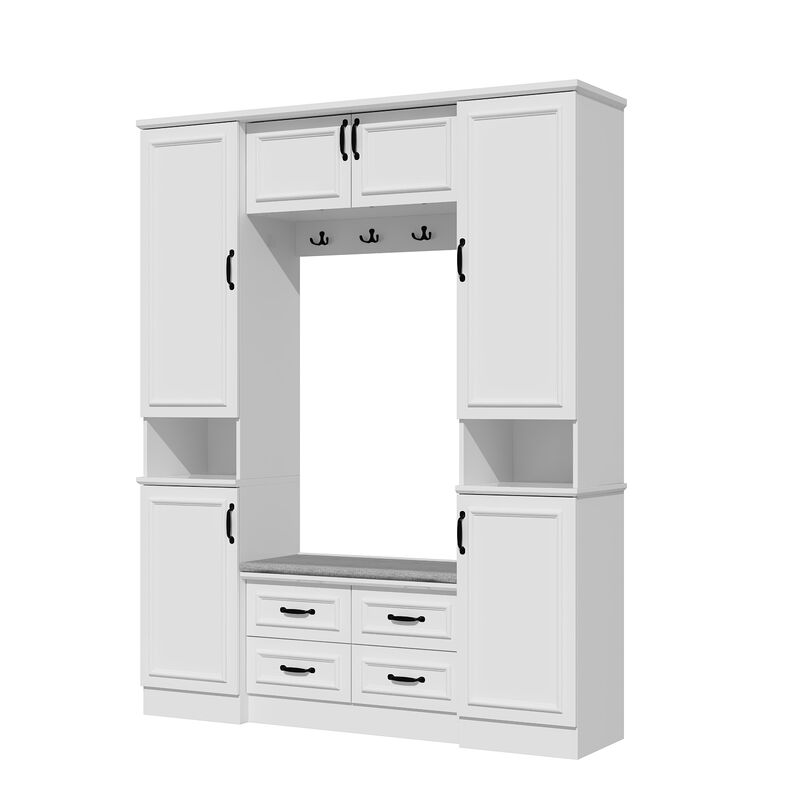 Hall Tree with Bench, 6 Cabinets and 4 Drawers, Entryway Bench with 4 Coat Racks, Entryway Cabinet with 6 Doors and Adjustable Shelves, for Entryway Hallway, 15.7”D x 63”W x 78.7”H, White