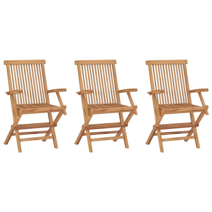Foldable Outdoor Lounge Chair Set of 3, Slatted Back, Brown Teak Wood - Benzara