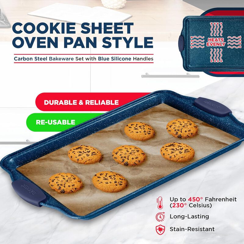 BAKKEN Kitchen Baking Pan Set - Nonstick Coating, Carbon Steel Bakeware Sets with Silicone Handles, Baking Kitchen Essentials, PFOA, PFOS, PTFE Free, Oven Safe Tray (Up To 450° F), Set of 8