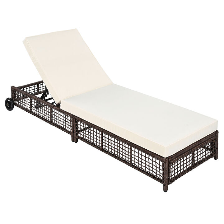 Merax Rattan Outdoor Lounge Chair with Cushion and Wheels for Poolside