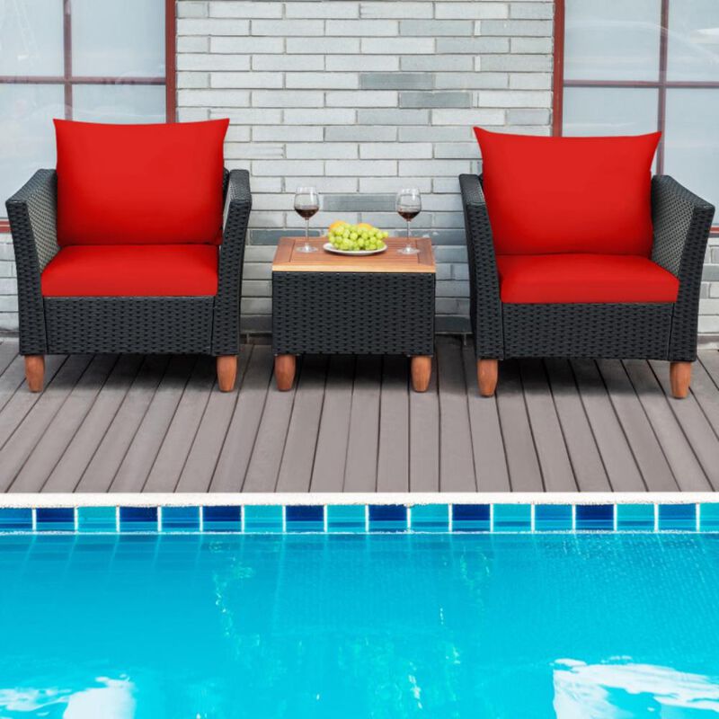 Hivvago 3 Pieces Patio Wicker Furniture Set with Cushions and Acacia Wood Coffee Table Outdoor