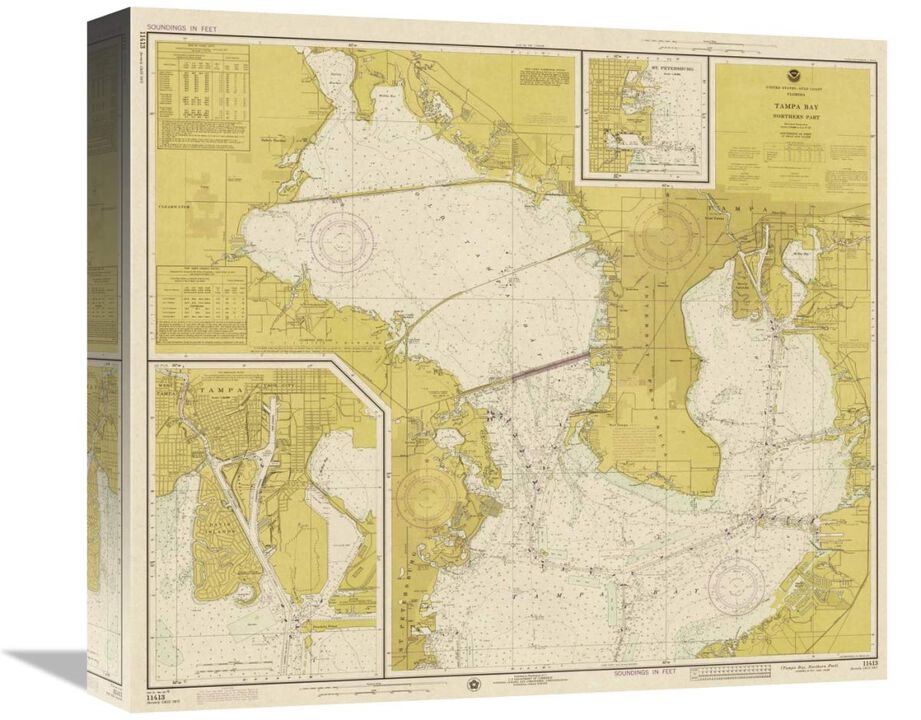 Nautical Chart - Tampa Bay - Northern Part ca. 1975 - Sepia Tinted-Canvas Art-16x14.24
