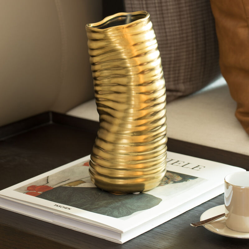 "9"" H Ceramic Bent Melted Modern Style Sculpture Table Centerpiece Flower Vase, Gold"