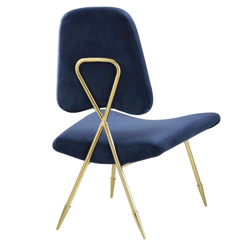 Modway Ponder Performance Velvet Upholstered Modern Lounge Accent Chair in Navy with Gold Stainless Steel Legs