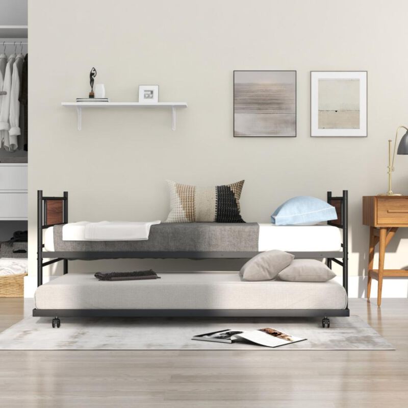Hivvago Twin Size Metal Daybed with Trundle and Wood Grain Headboard