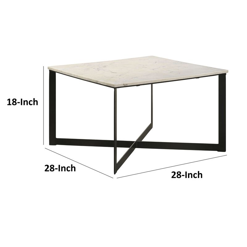 Sovi 28 Inch Side Coffee Table, Marble Top, Black Metal Frame, White Finish - Benzara