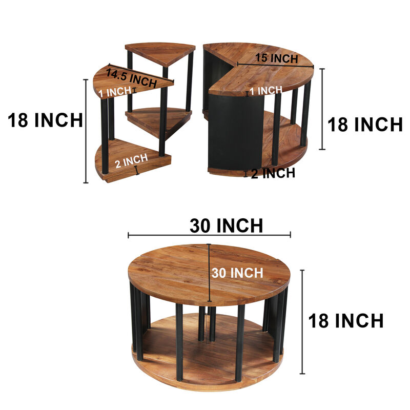 Jones 30-Inch Round Coffee Table, Handcrafted Natural Brown Acacia Wood, 3 Piece Split Design - Benzara