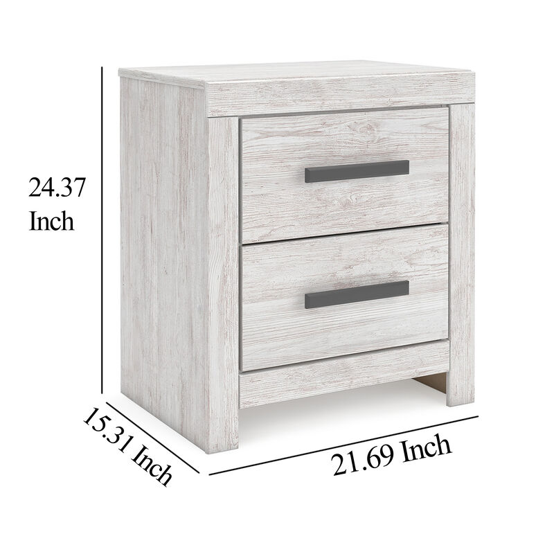 Cany Nightstand, 2 Drawers with Black Handles, Vintage Whitewash - Benzara