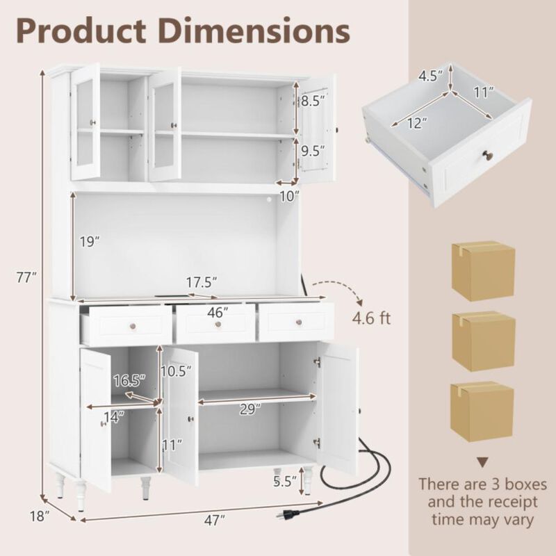 Hivvago 77 Inches Kitchen Pantry Storage Cabinet with LED Lights and Power Outlets-White