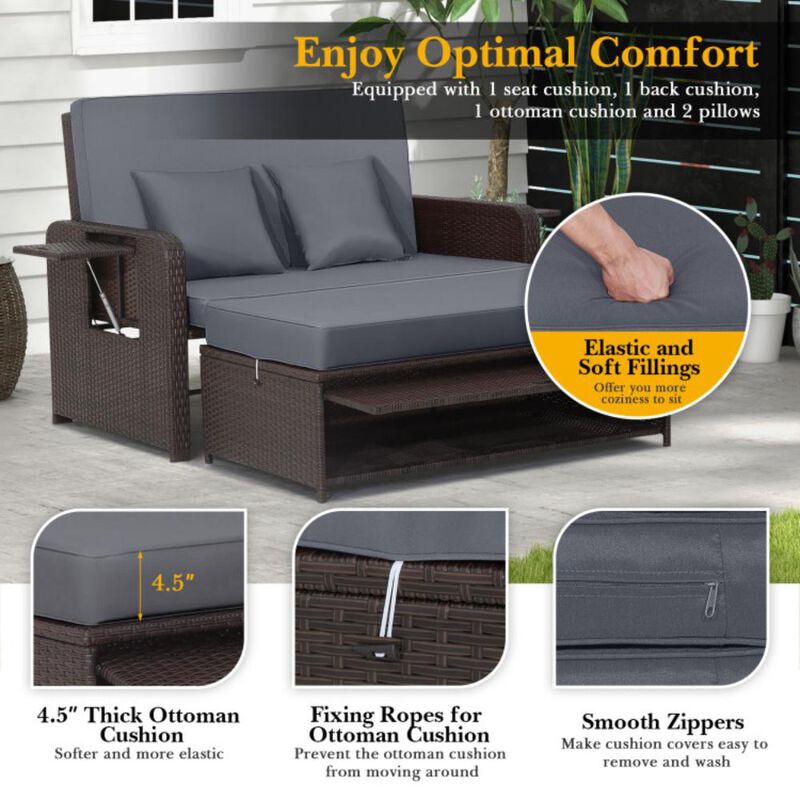 Hivvago Patio Rattan Daybed with 4-Level Adjustable Backrest and Retractable Side Tray