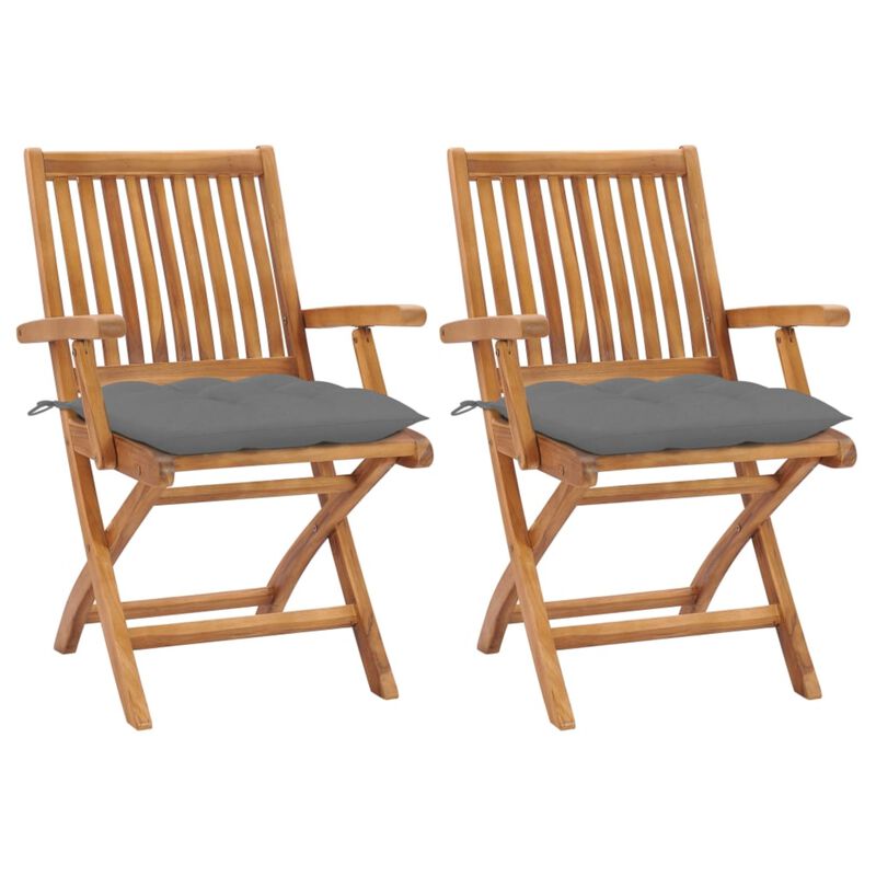 vidaXL Garden Chairs 2 pcs with Gray Cushions Solid Teak Wood