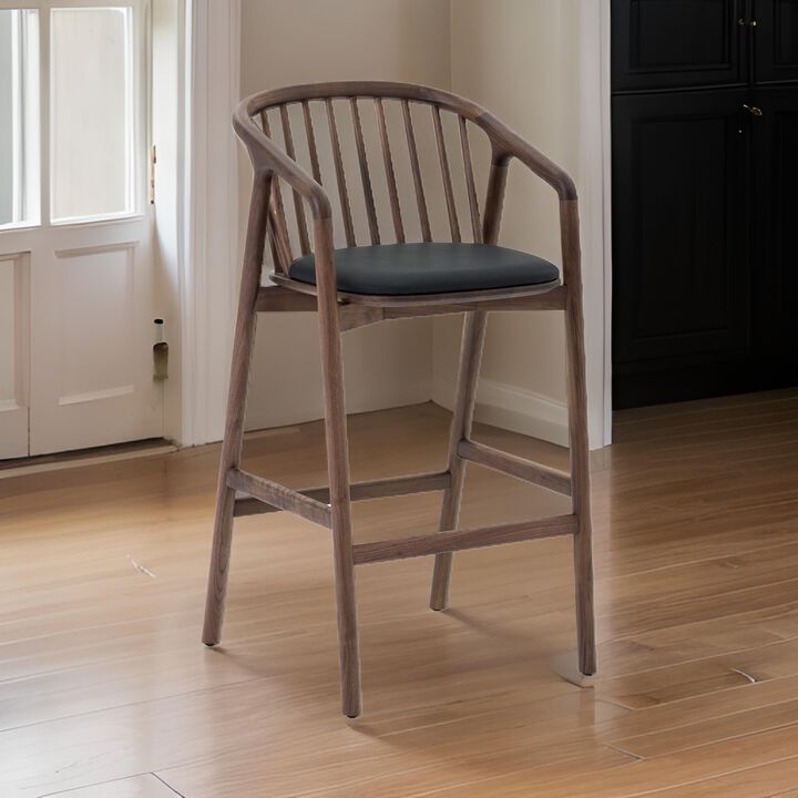 Rchy Barstool Chair, Curved Spindle Back, Black Faux Leather, Brown Wood - Benzara